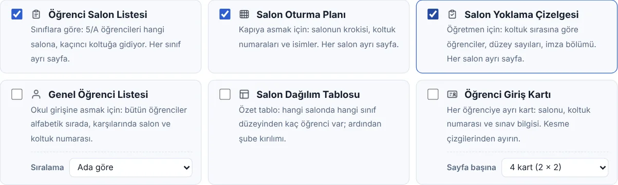Belge türleri: öğrenci salon listesi, salon oturma planı, yoklama çizelgesi, genel öğrenci listesi, salon dağılım tablosu, öğrenci giriş kartı
