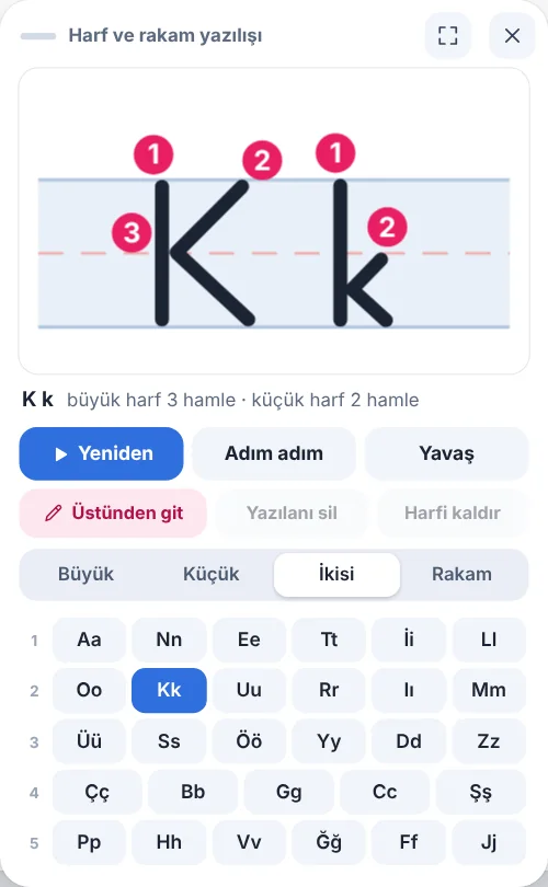 Harf ve rakam yazılışı kartı: büyük ve küçük K harfi, numaralı hamleler, Oynat, Adım adım, Yavaş ve Üstünden git düğmeleri, harf listesi