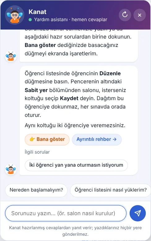 Kanat yardım asistanı penceresi: “kaynaştırma öğrencisi öne otursun” sorusuna verilen yanıt, Bana göster ve Ayrıntılı rehber düğmeleri