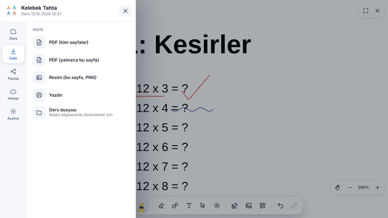 Beyaz tahta menüsü, İndir bölümü: PDF tüm sayfalar, PDF yalnızca bu sayfa, resim PNG, yazdır, ders dosyası