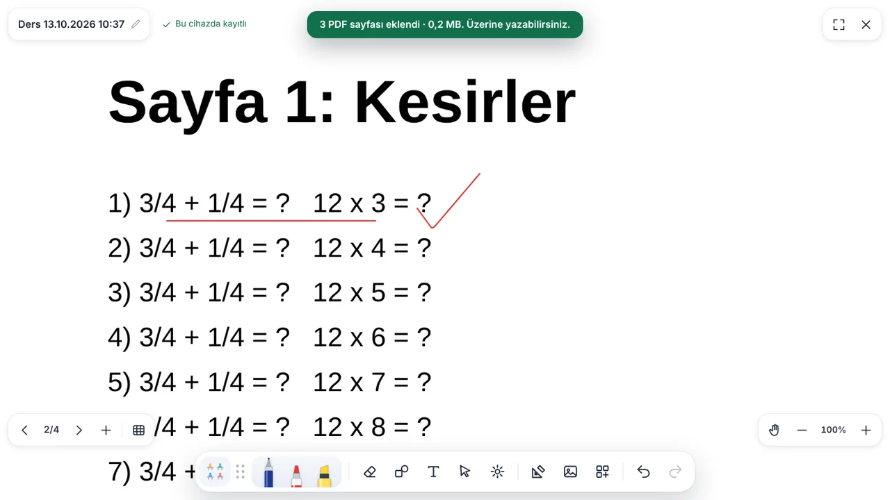 Beyaz tahtaya eklenmiş PDF sayfası: sorular ekranı enine dolduruyor, üzerine kırmızı kalemle işaret konmuş